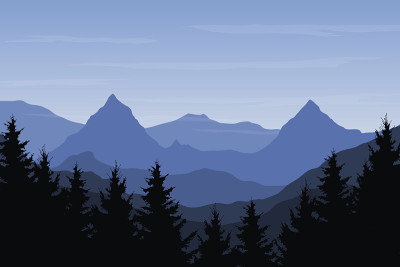 全景山地景观与森林和山在蓝天下与云-矢量插图