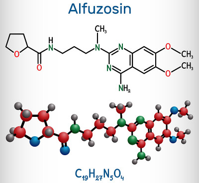 Alfuzosin分子。它是一种抗肿瘤药，一种抗高血压药，一种α -肾上腺素能拮抗剂。结构化学式及分