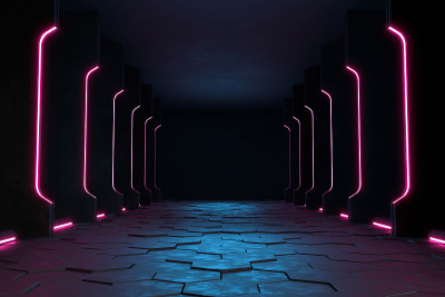 空无一人的暗室，现代未来主义科幻背景。