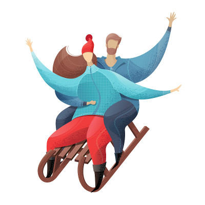 Young couple sledding.