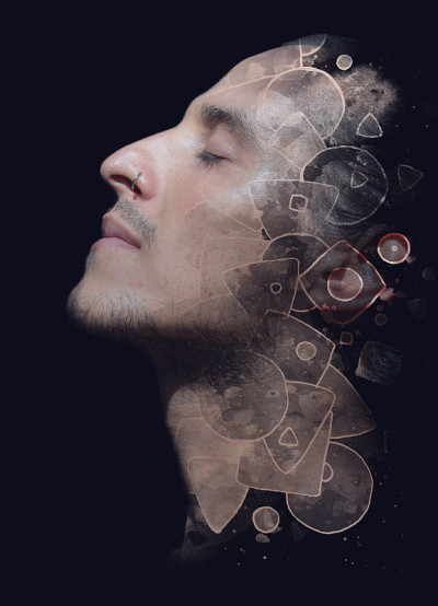 Paintography。双曝光人像中描绘的年轻人的感受。孤立在黑色背景上