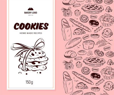 矢量包装设计与烘焙商品图案和饼干标签/横幅。手绘饼干插图，复古素描风格。线的艺术。