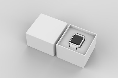 智能手表与硬盒包装的品牌和模拟。3 d渲染插图。