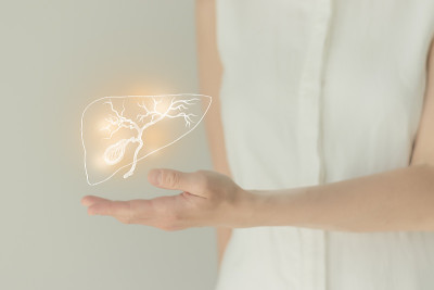 穿着白色衣服的女人手里拿着虚拟的胆囊。手绘人体器官、排毒保健、保健医院服务概念图库