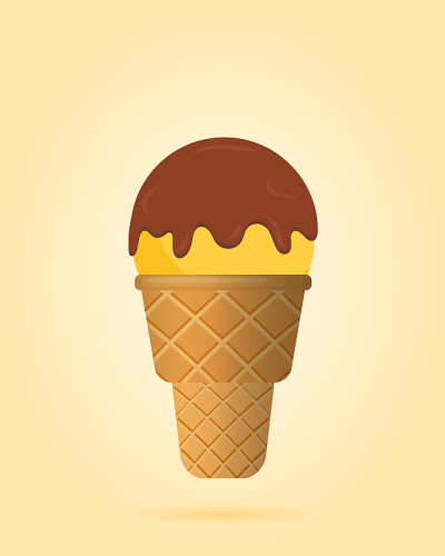 Yellow ice cream with chocolate topping in waffle 