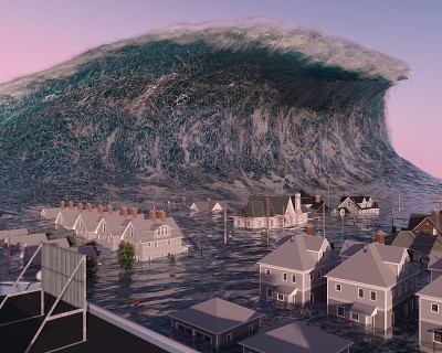 海啸波启示水视图城市洪水风暴。3D插图