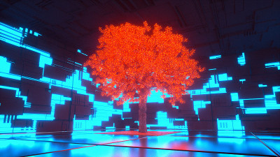 未来房间里的霓虹树(3d渲染)