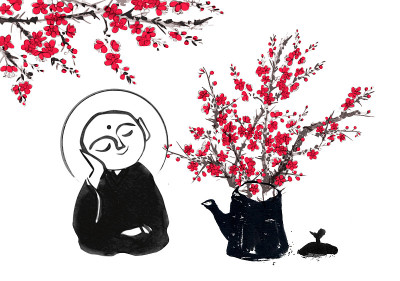 两幅祈祷的日本菩萨二藏和樱花水墨画。传统的日本水墨画佛糜璧。