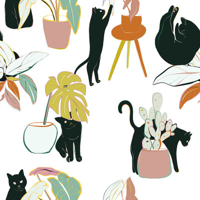 Hand-drawn cat and house plants pattern .Seamless 