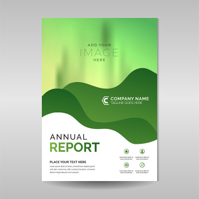 Annual report template with wavy green shapes