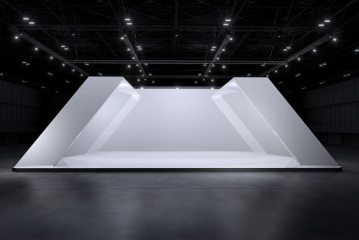 展示平台用于实物模型和企业形象，展示设计。空的展台设计。展厅内的零售摊位元素。设计展销会。三维图形资