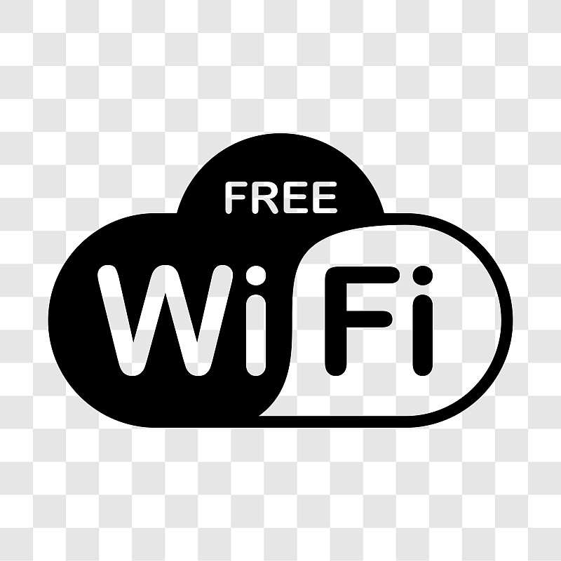 免费WiFi区标志。无线网络连接黑色图标。矢量插图孤立在透明背景上。