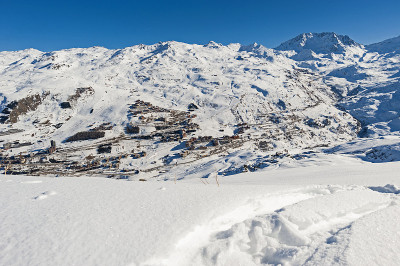 全景横跨冰雪覆盖的高山山脉