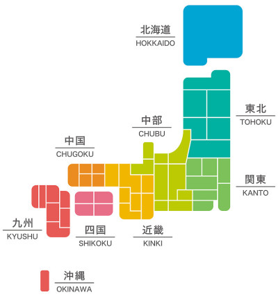 变形的日本地图划分为多个区域