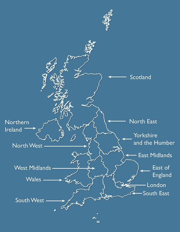 英国或英国地图轮廓向量与地区名称在蓝色背景插图