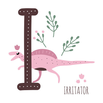 Irritator。字母I以爬行动物命名。手绘可爱的食肉恐龙。教育史前插图。恐龙字母表。素描侏罗纪,