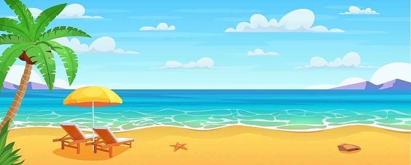 海滩和日光浴躺椅。