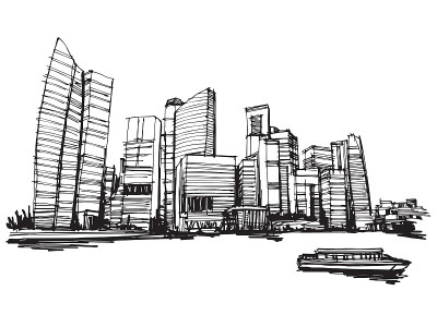 自由手绘草图矢量全景新加坡城市