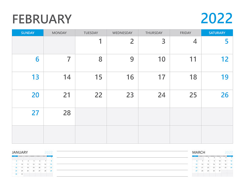 2022年2月，日历计划2022和设置的12个月，周开始于周日。桌面挂历2022设计，简洁干净设计，