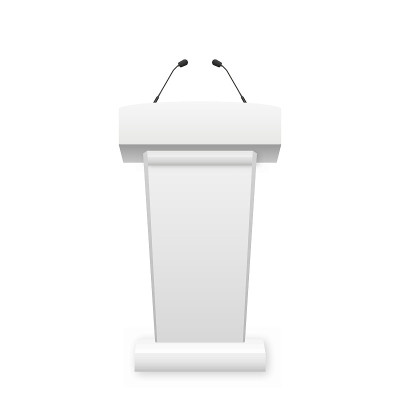 带着麦克风的白色讲坛。白色3D会议政治讲坛。演说家的表演场所。股票矢量插图的白色孤立的背景。
