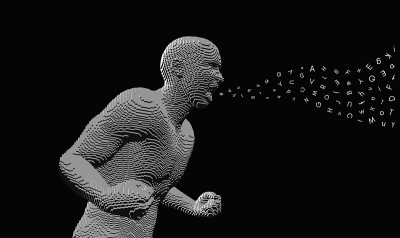 侧侧愤怒的男子大喊着字母从大嘴巴飞出来。情绪失控的家伙大喊大叫。体素的艺术。3 d矢量插图。