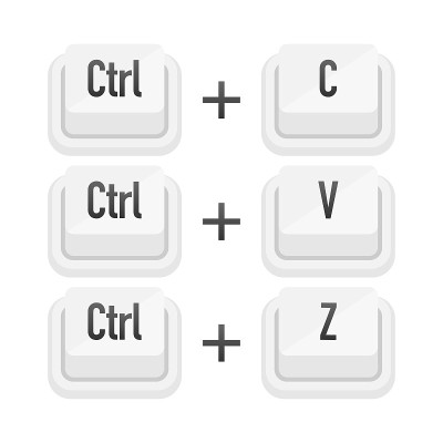 Ctrl + C, Ctrl + V和Ctrl + Z白色3D按钮的白色背景。电脑键盘粒子。矢量插图