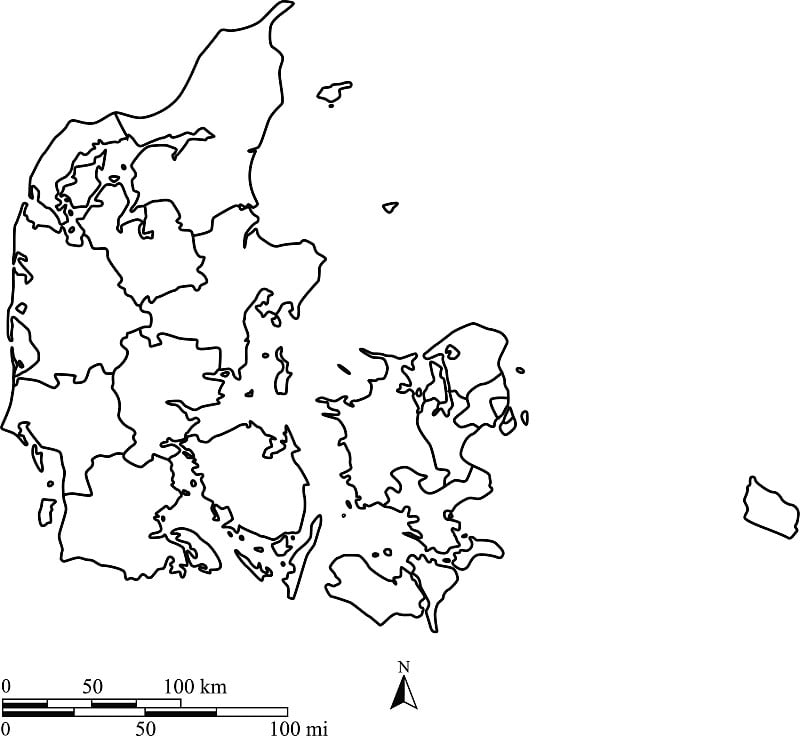 丹麦地图轮廓矢量与比例尺在一个空白设计