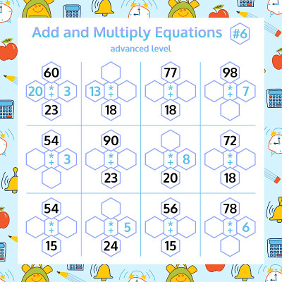 添加和乘法方程数学难题集。数学教育游戏。矢量插图。