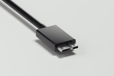 黑色逼真的micro usb 3.0电缆隔离在白色背景。三维渲染