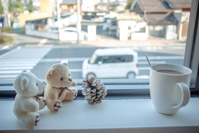 咖啡杯和小熊夫妇坐在木条上