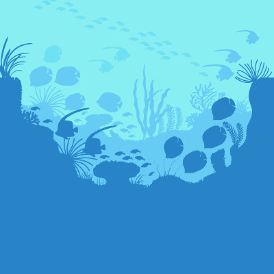 卡通水下蓝色海洋背景场景。向量