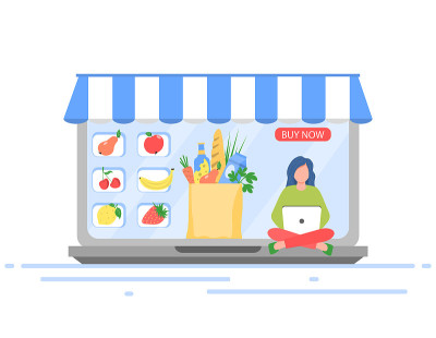 产品店面设计理念。一个小妇人买杂货。