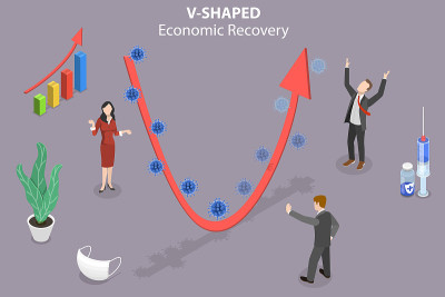 v型经济复苏的三维等距平面矢量概念说明