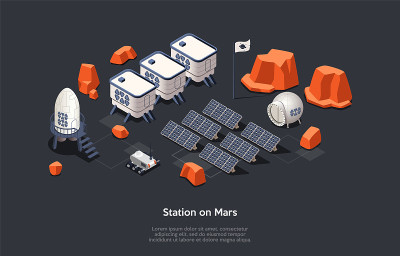 等距3D火星殖民任务和火星上的空间站概念。用导弹、太空舱、月球车和替代能源建立在火星表面的未来主义空