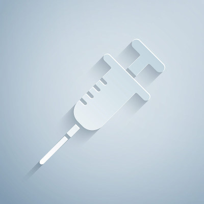 Paper cut Syringe icon isolated on grey background