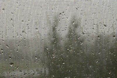 蚊帐上的雨滴。雨天在窗户上挂湿蚊帐。特写镜头。背景。纹理。
