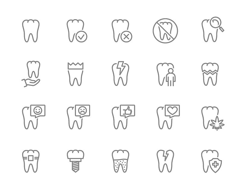 一套牙齿线图标。健康内脏、牙齿疾病、诊断、治疗、口腔等。
