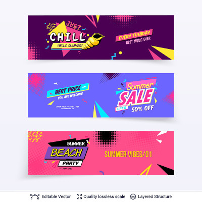 Set of summer season ad banners in pop-art style.