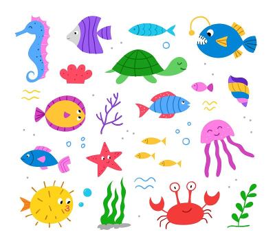 集合与可爱的手绘海洋动物。海洋生物。矢量平面插图。