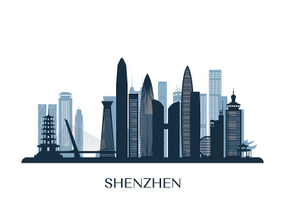 深圳天际线，单色剪影。矢量插图。