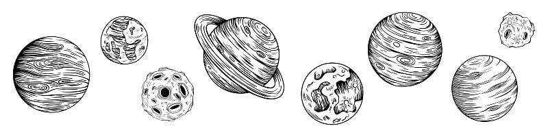 Сollection的太阳系行星。手绘孤立的插图。画素描。