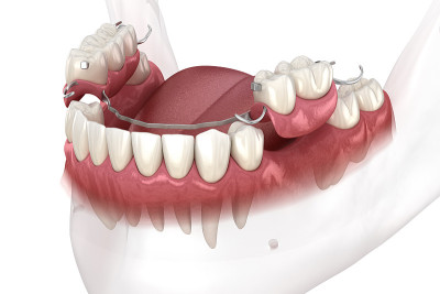 可摘局部义齿，下颌义齿。牙科修复学概念的医学精确3D插图