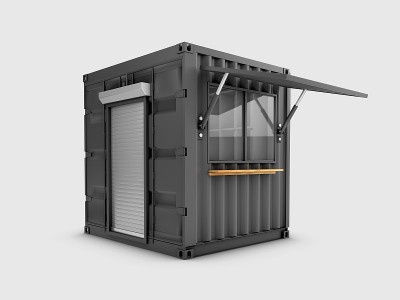 将旧集装箱改造成咖啡馆的3d插图，孤立的灰色
