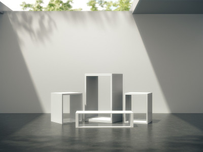展示台，设计台，空白产品，白色房间和侧灯。3 d渲染。