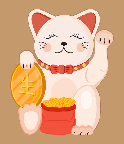 在棕色本底分离出马尼卡蛇形病媒。日本传统文化中的幸运猫。护身符或吉祥物的象征