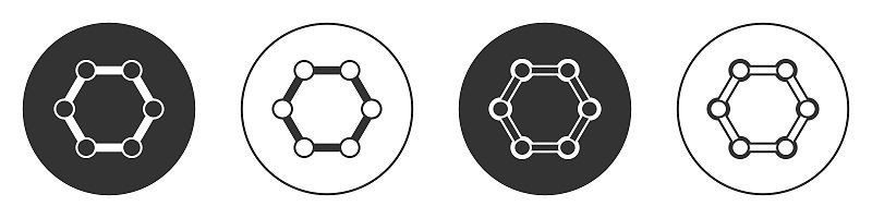 黑色分子图标孤立在白色背景。化学分子结构，科学教师创新教育海报。圆按钮。向量