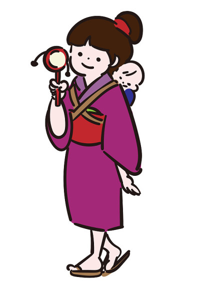 Old Japan, girl wearing a kimono and lullaby