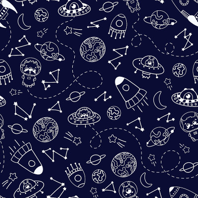 空间元素在涂鸦风格无缝图案的黑暗背景，行星，异形怪物的形状