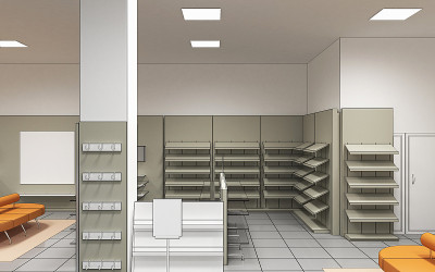 购物中心，室内可视化，3D插图
