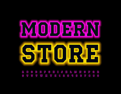 向量发光标志现代商店。粉色霓虹字母和数字集